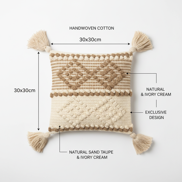 Sand taupe ivory diamond medallion cushion cover dimension infographic 30x30cm