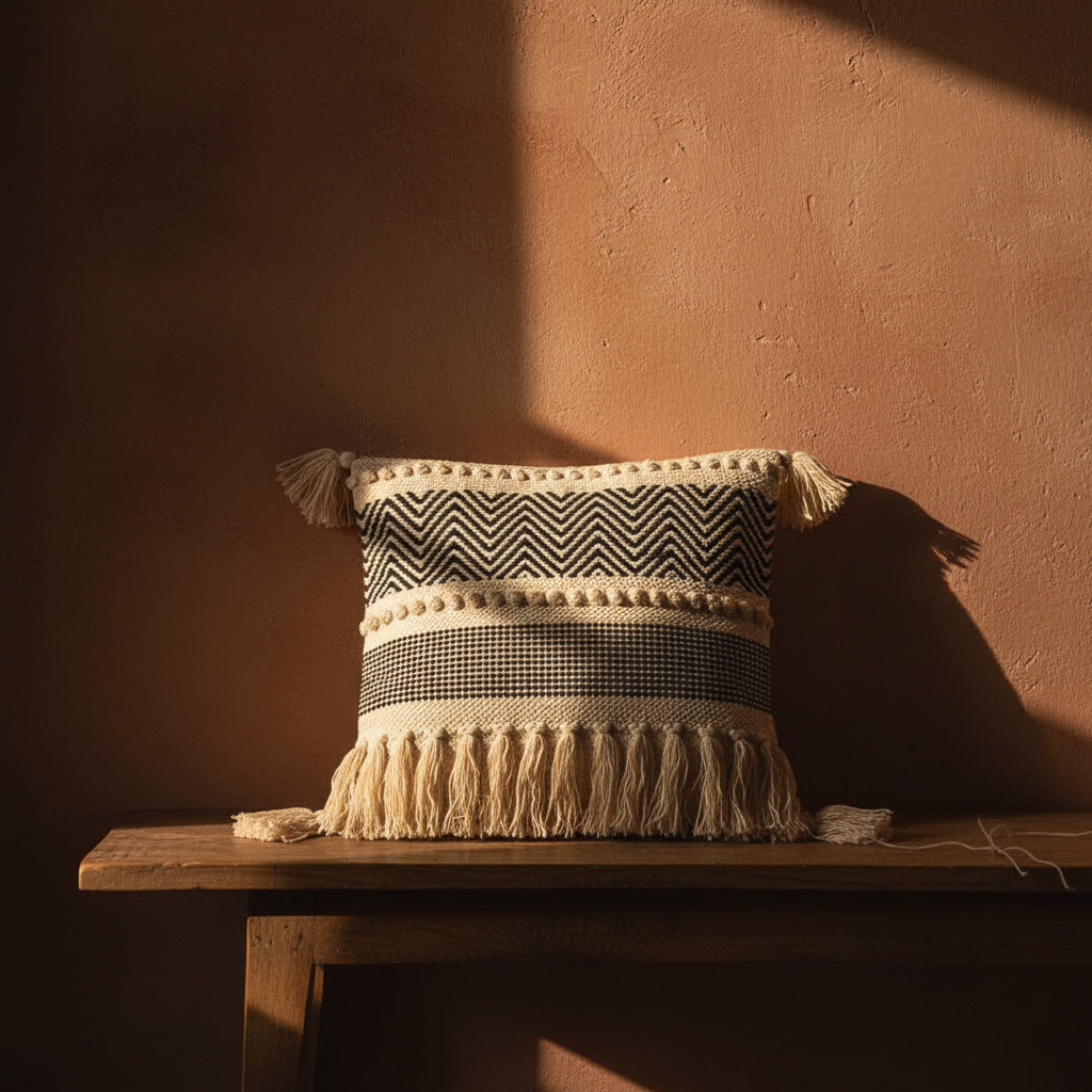 Ivory black chevron zigzag fringe cushion cover against warm terracotta wall, artisan beauty shot