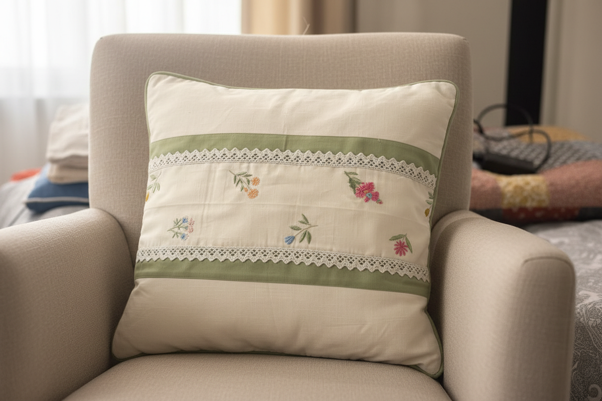 Sage green cushion cover hero close-up on linen armchair