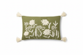 Olive green floral embroidered lumbar cushion cover — flat lay on white background