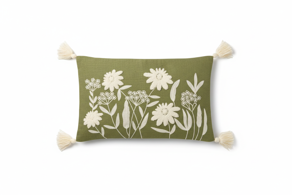 Olive green floral embroidered lumbar cushion cover — flat lay on white background