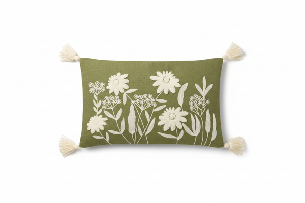 Olive green floral embroidered lumbar cushion cover — flat lay on white background