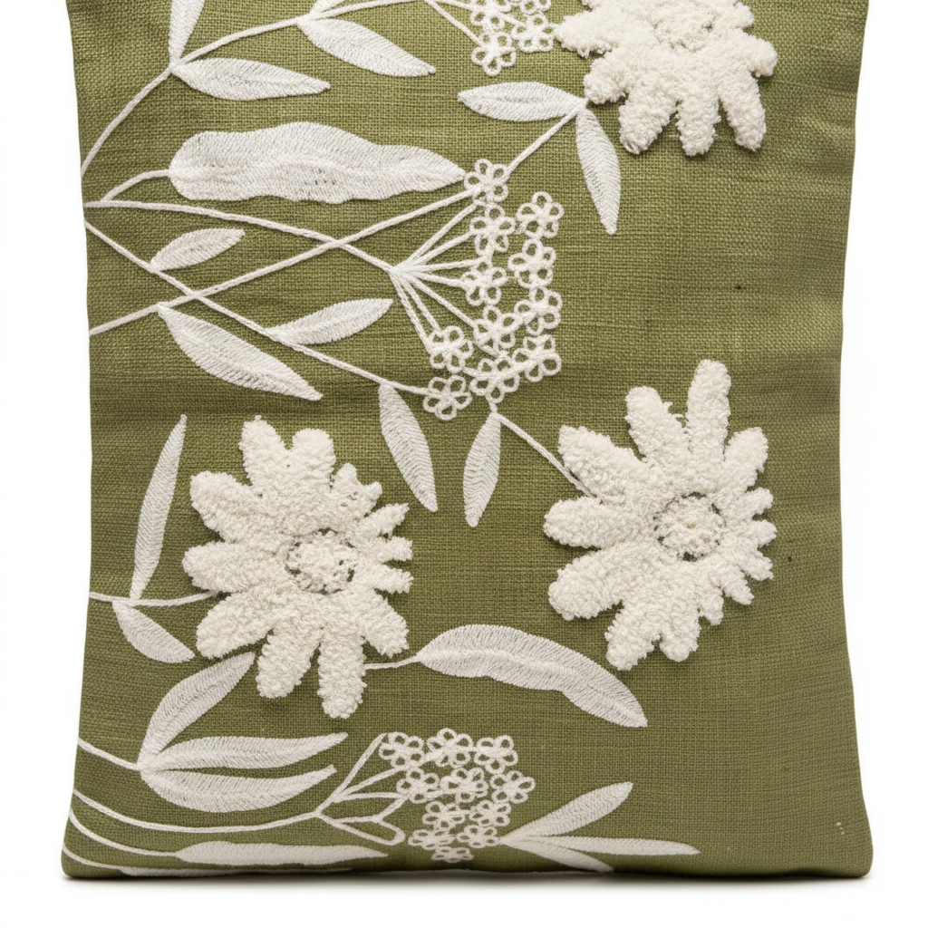 Close-up of white daisy floral embroidery on olive green linen