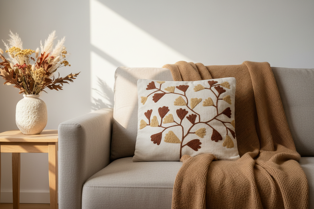 Ginkgo leaf cushion cover on Nordic linen sofa with autumn botanicals