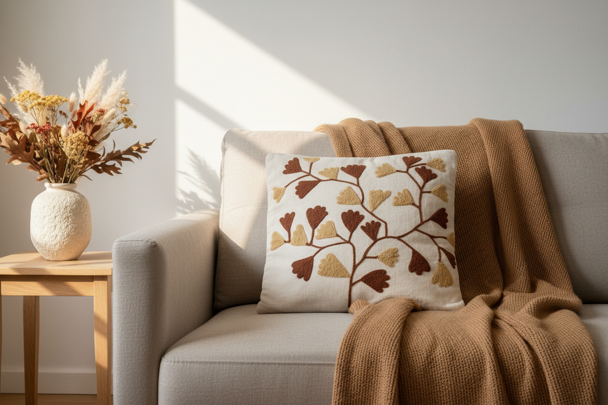 Ginkgo leaf cushion cover on Nordic linen sofa with autumn botanicals