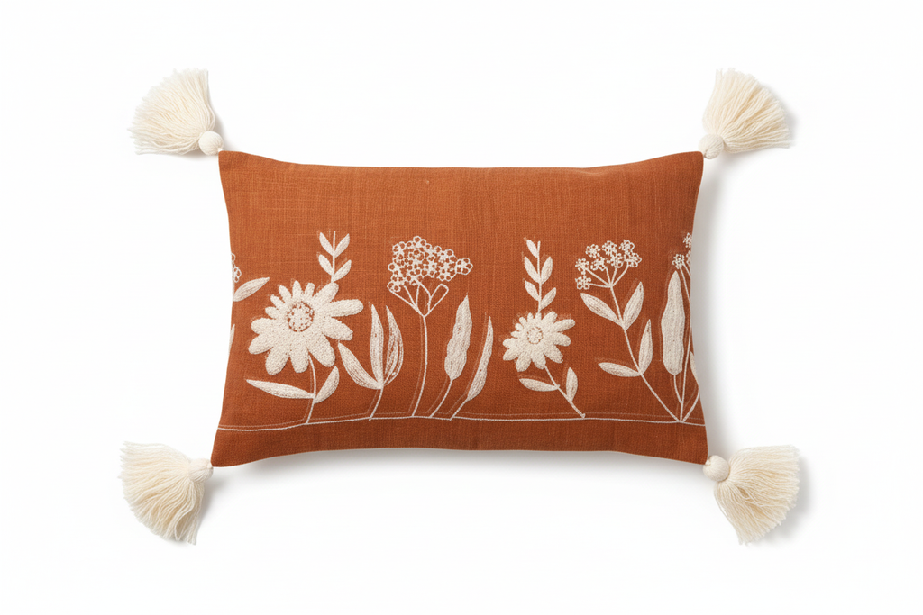Terracotta floral embroidered lumbar cushion cover with corner tassels — flat lay