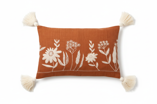 Terracotta floral embroidered lumbar cushion cover with corner tassels — flat lay