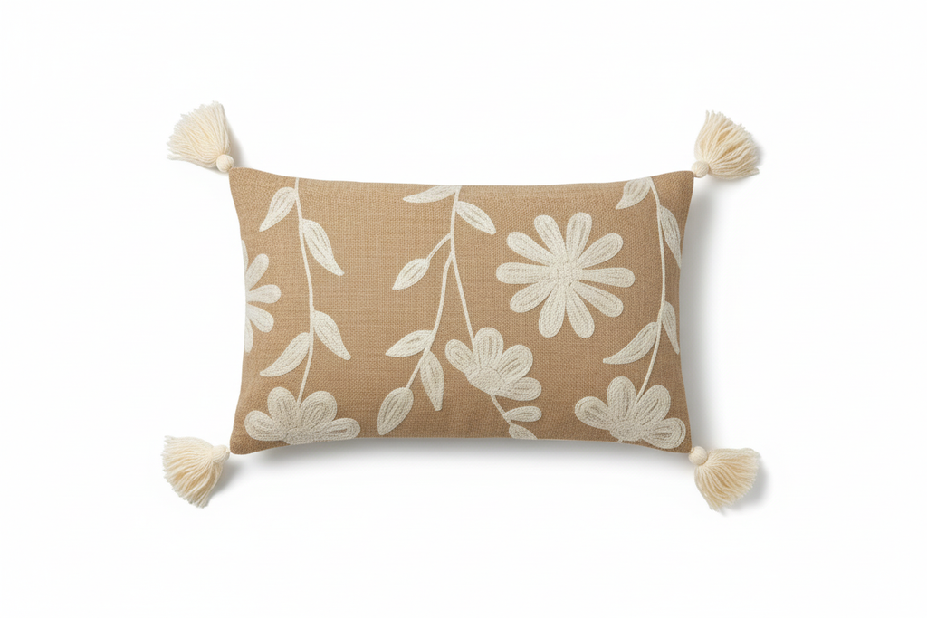 Sandy beige daisy floral lumbar cushion cover with corner tassels — flat lay on white background