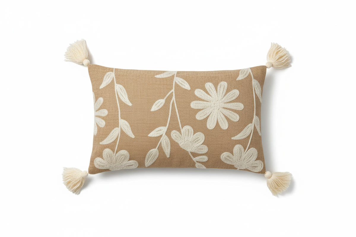 Sandy beige daisy floral lumbar cushion cover with corner tassels — flat lay on white background