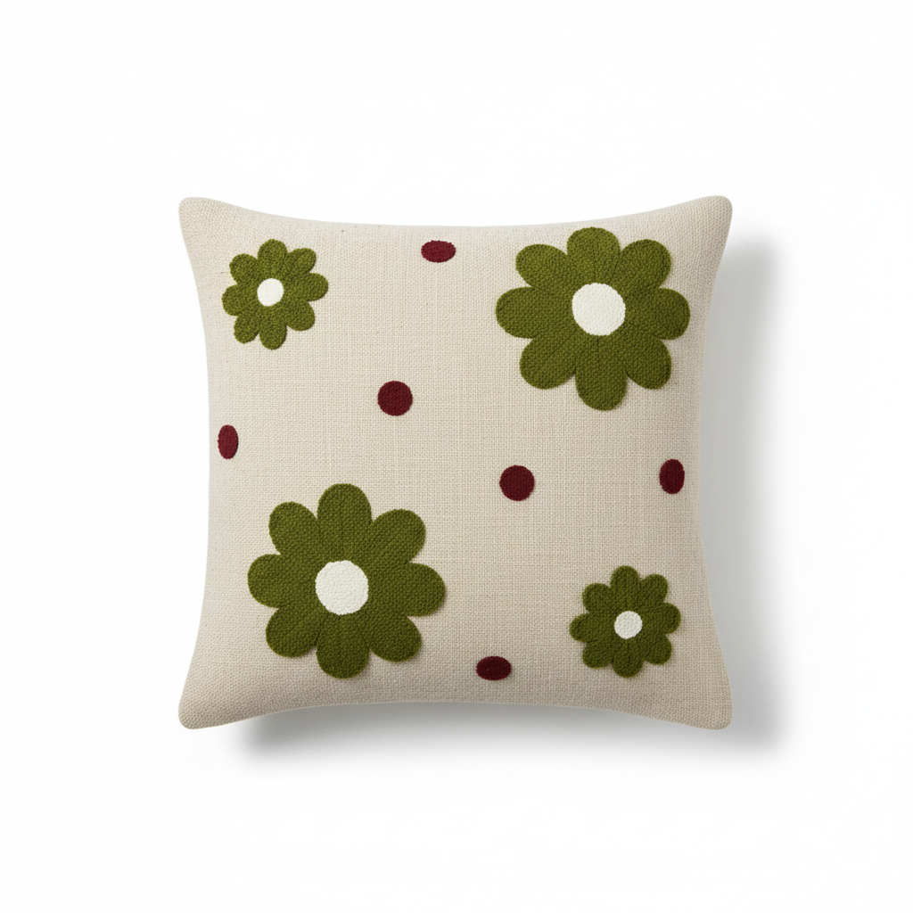 Olive daisy appliqué linen cushion cover — flat lay on white background