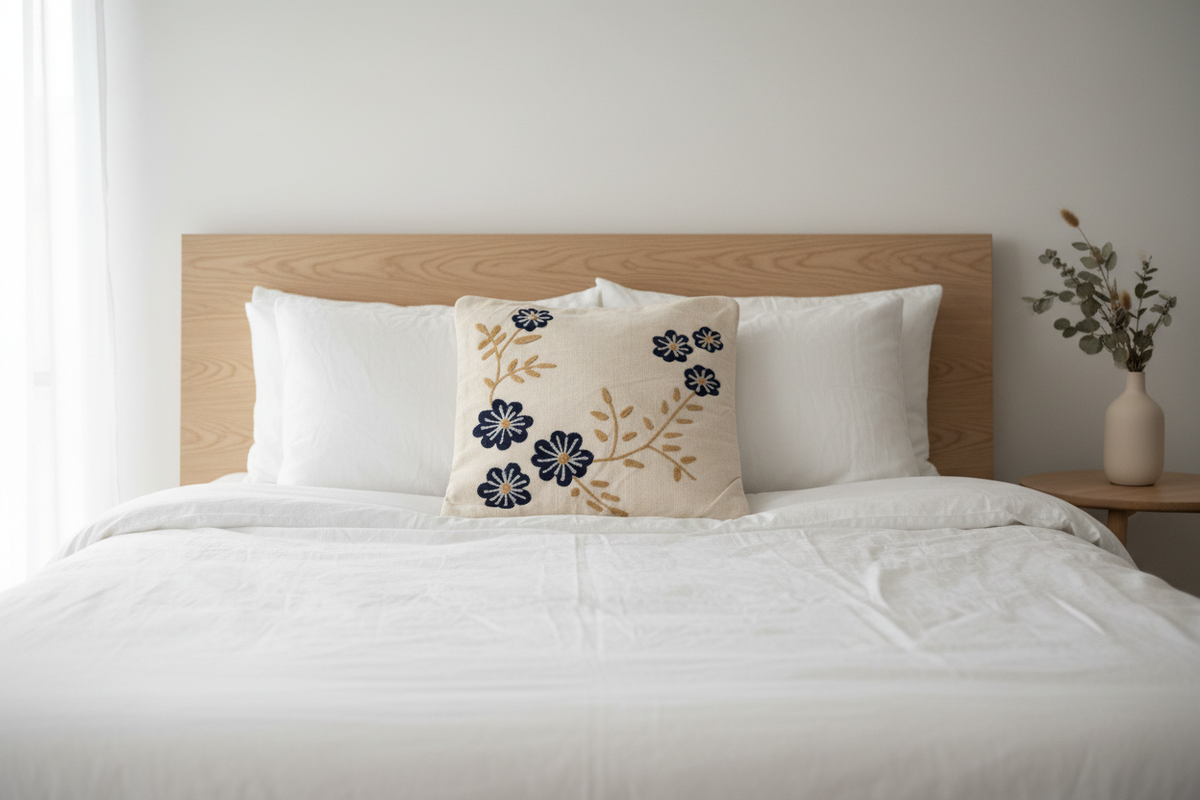 Navy daisy cushion cover on white linen bed in Scandinavian bedroom