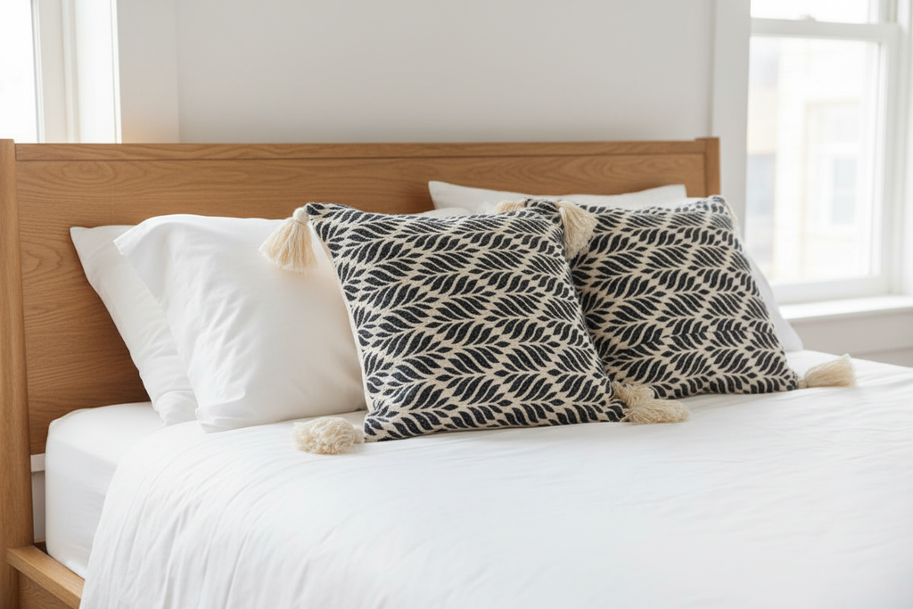 Two ivory black geometric square cushions styled on a bed — bedroom setting