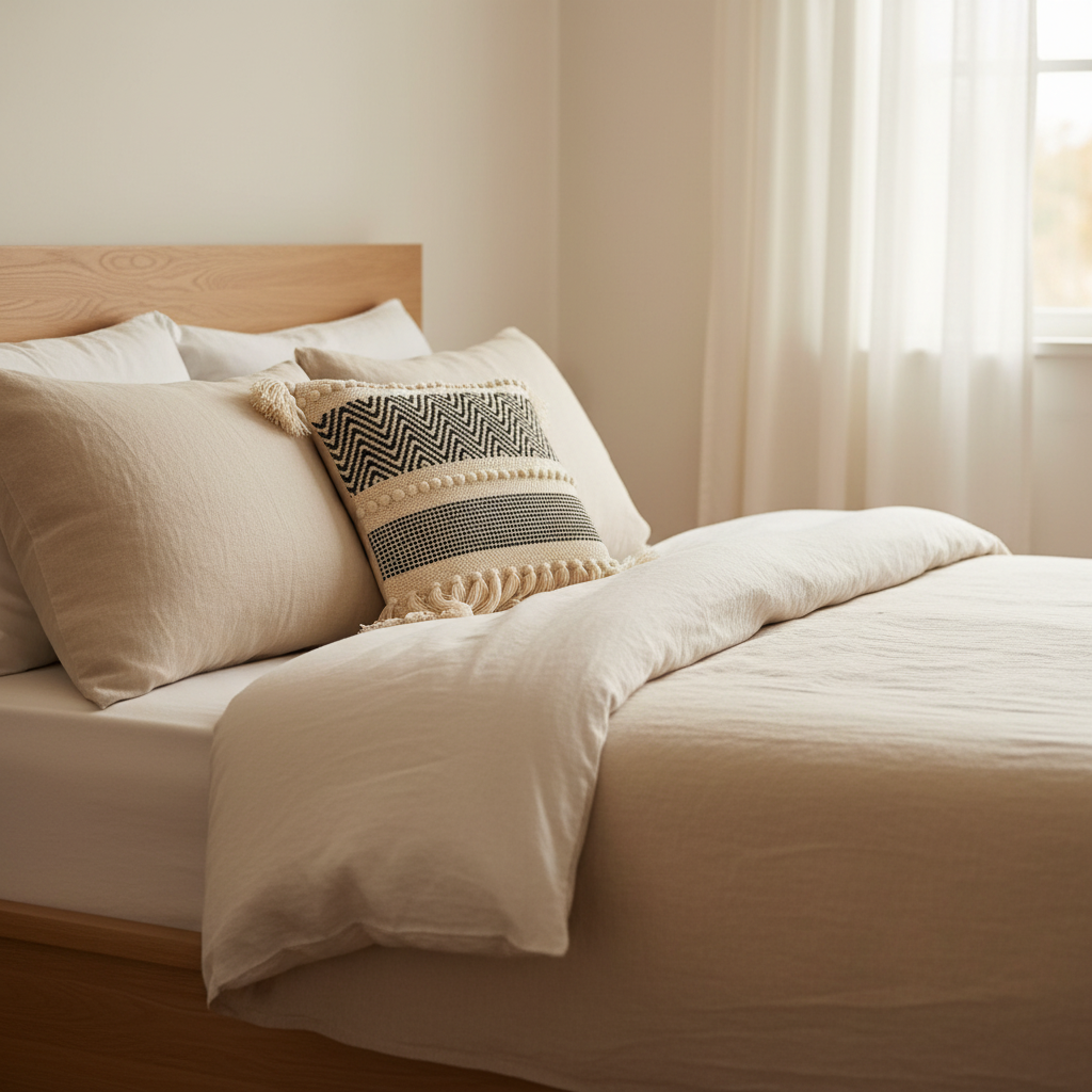 Ivory black chevron zigzag fringe cushion cover on a neutral linen bed in a serene bedroom