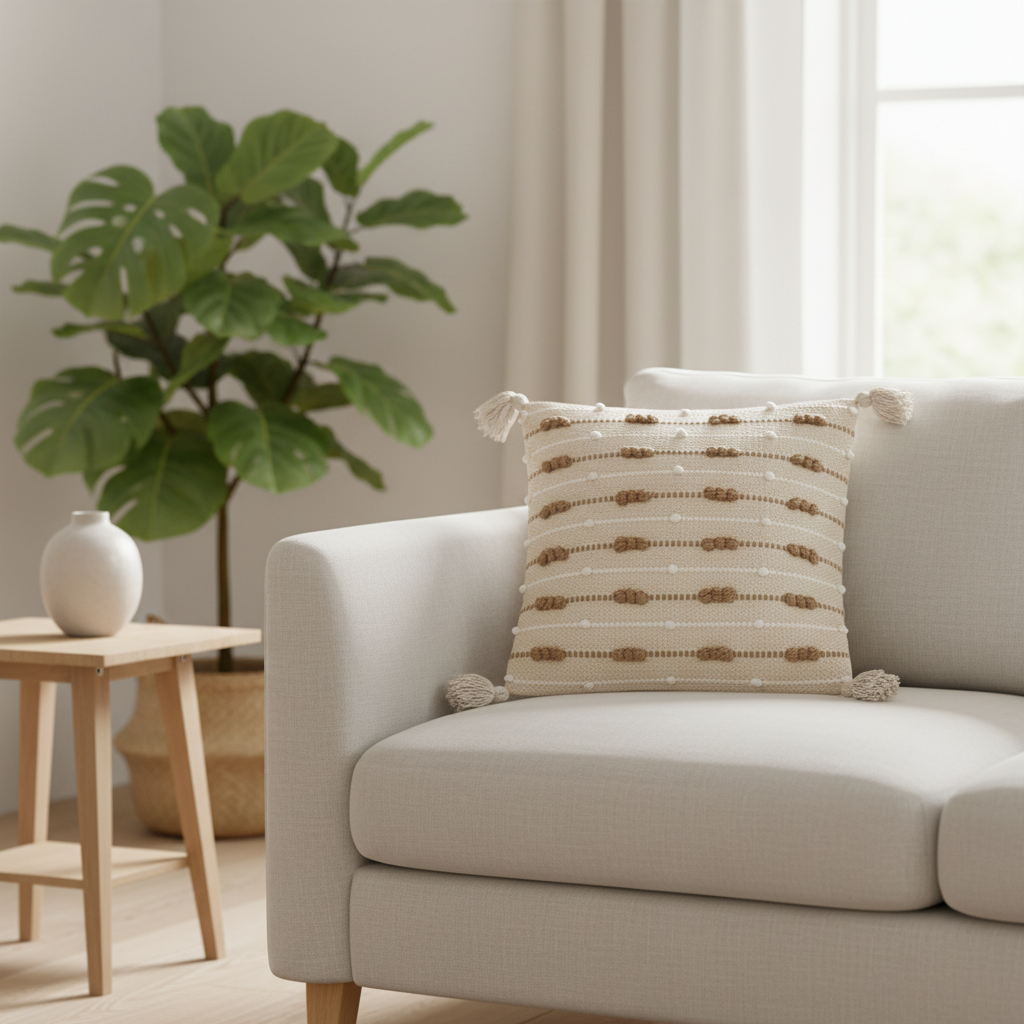 Handwoven bobble stripe cushion cover styled on a Scandinavian sofa