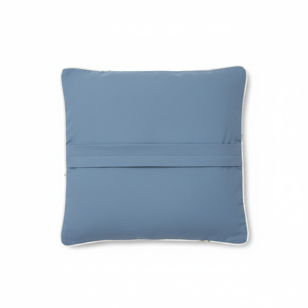 Back of blue floral cushion cover on white background