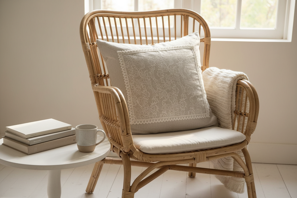 Cotton-linen paisley cushion cover in Scandinavian reading nook with rattan armchair