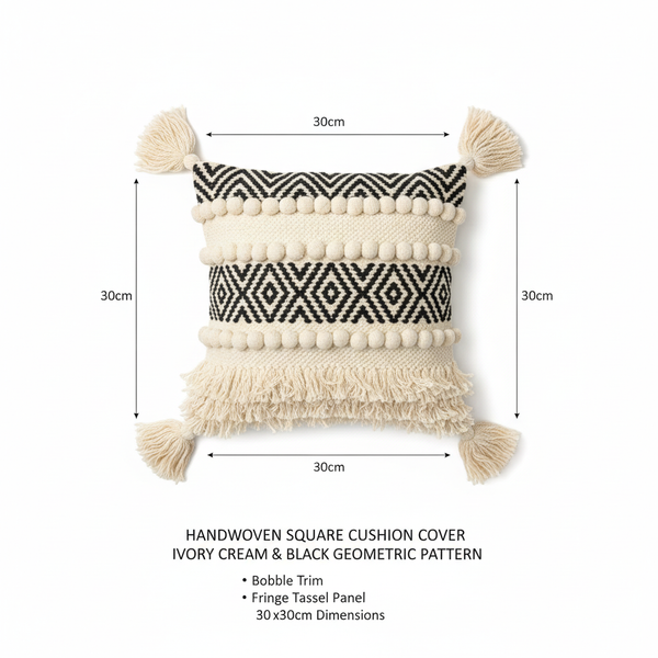 Ivory black geometric chevron cushion cover dimension infographic 30x30cm