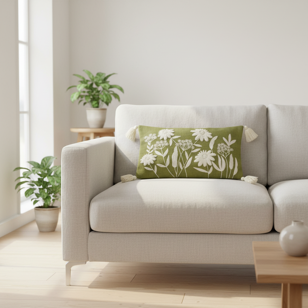 Olive green lumbar cushion styled on a Scandinavian sofa