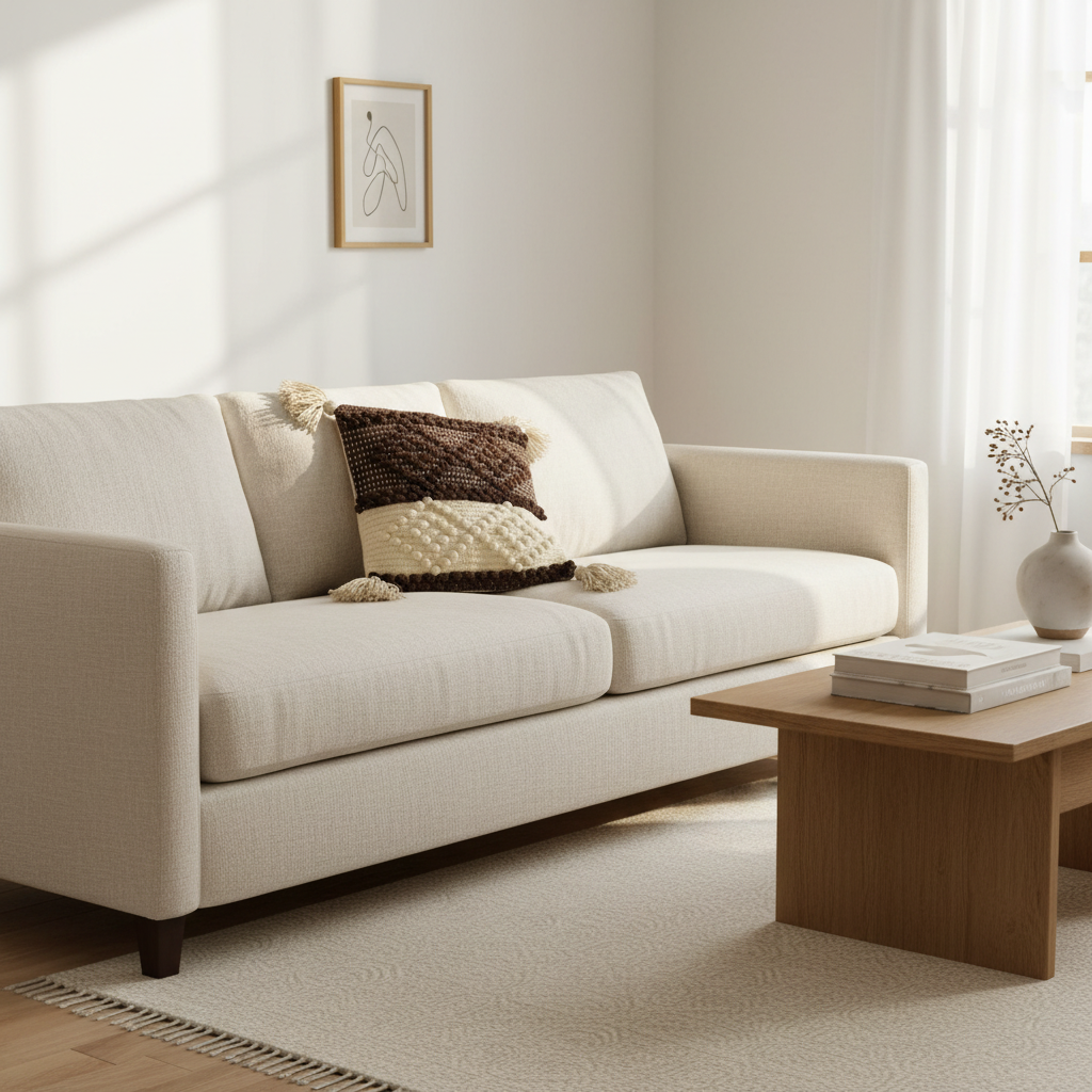 Dark chocolate and cream bobble weave cushion cover styled on a Scandinavian living room sofa