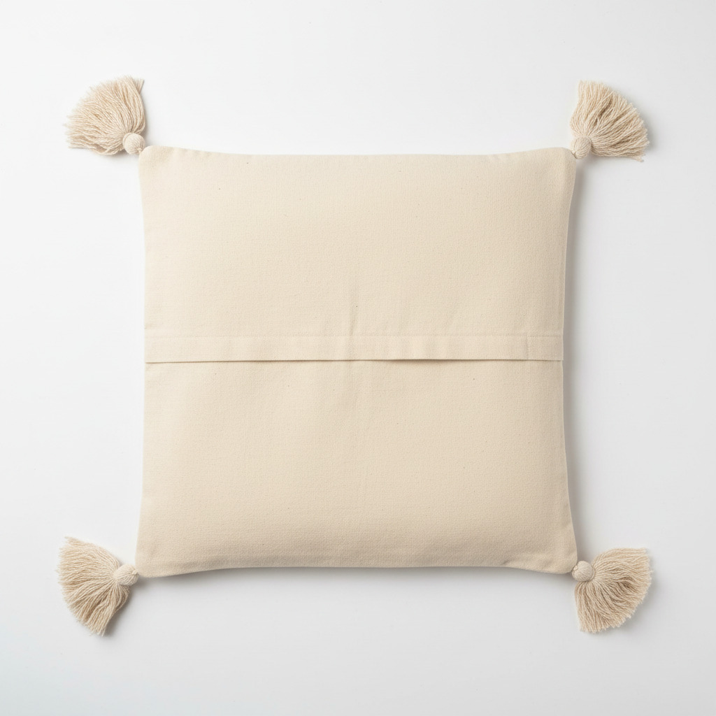Back side of handwoven bobble stripe cushion cover with corner tassels