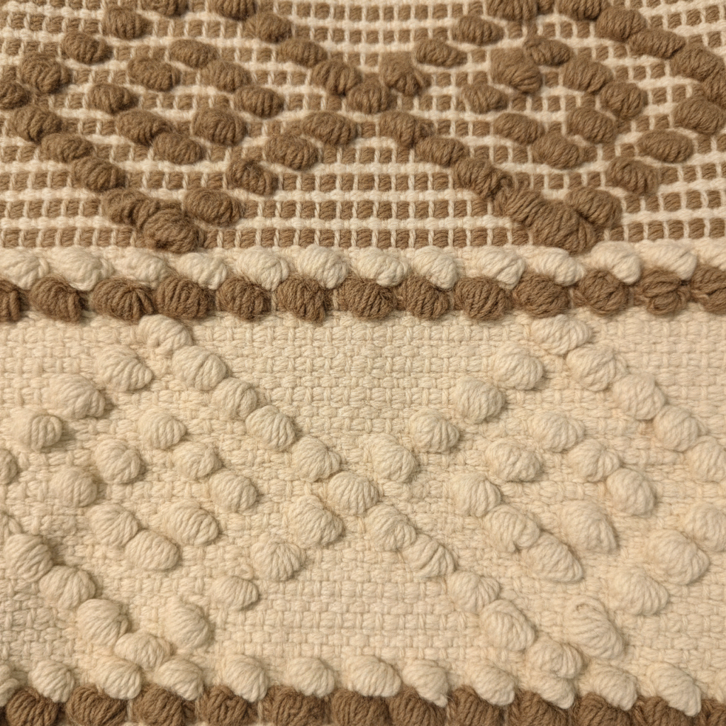 Close-up macro detail of sand taupe diamond medallion weave and raised ivory cream bobble texture