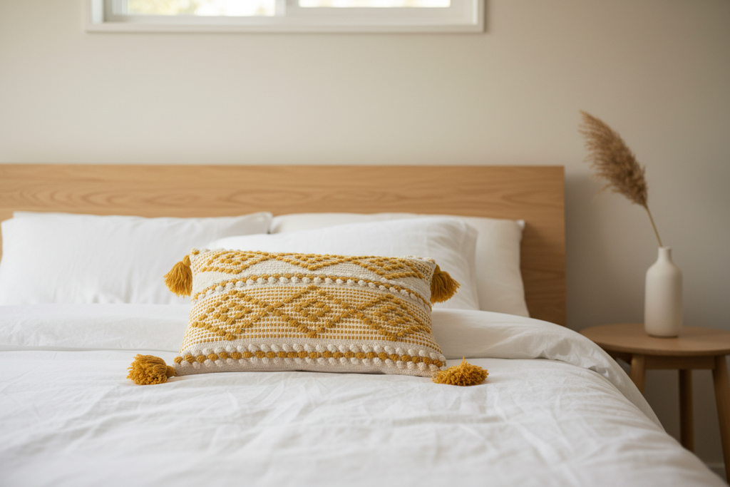 Bobble weave tassel cushion cover on white linen bed in Scandinavian bedroom