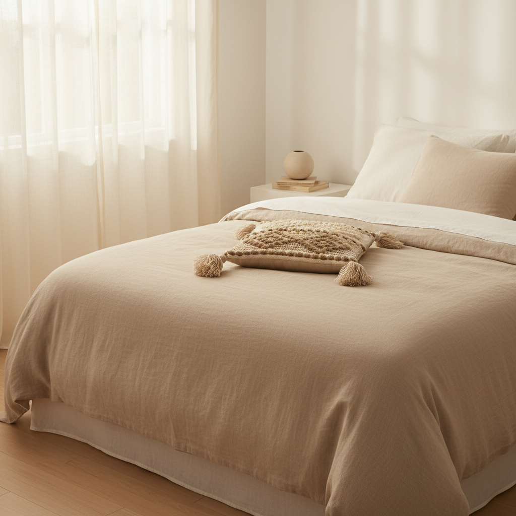 Sand taupe ivory diamond medallion cushion cover on a neutral linen bed in a serene bedroom
