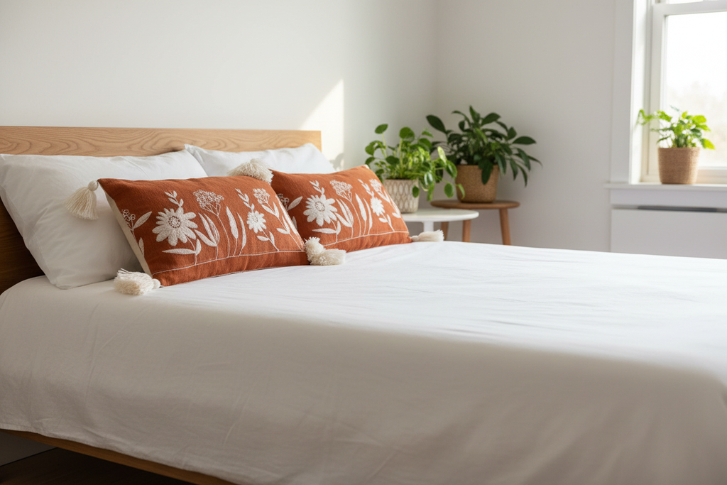 Two terracotta floral embroidered lumbar cushions styled on a Scandinavian bedroom bed