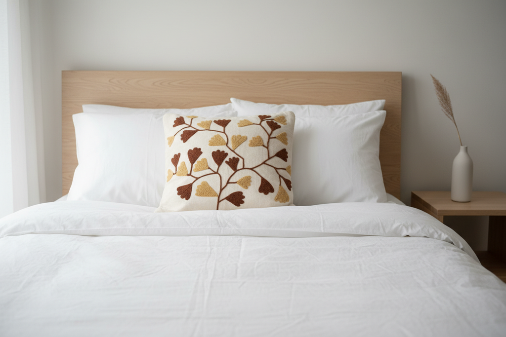 Ginkgo leaf cushion cover on white linen bed in Scandinavian bedroom