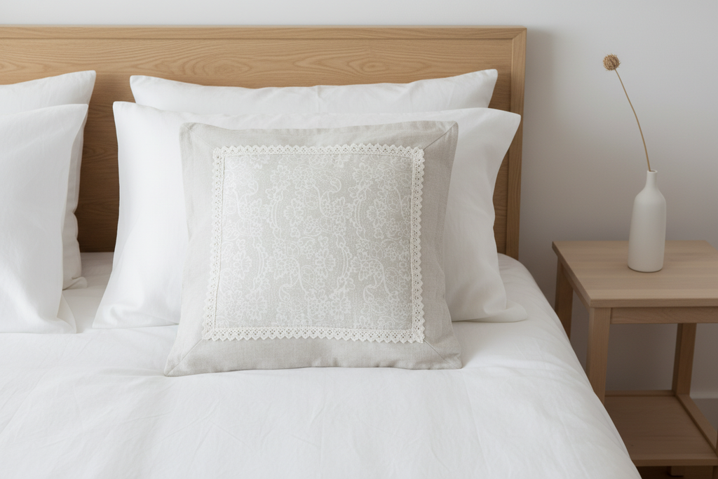 Cotton-linen paisley cushion cover on white linen bed in Scandinavian bedroom