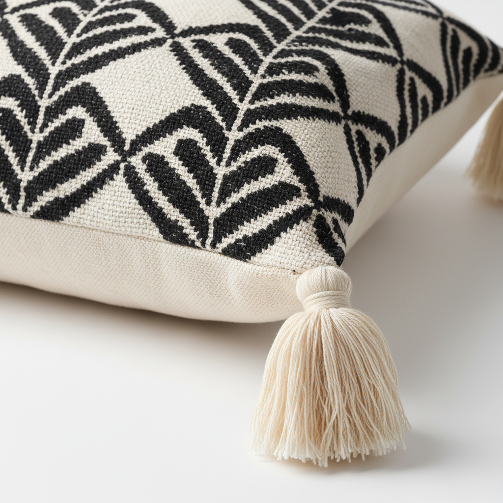 Close-up of black geometric chevron pattern on ivory linen with cream tassel detail