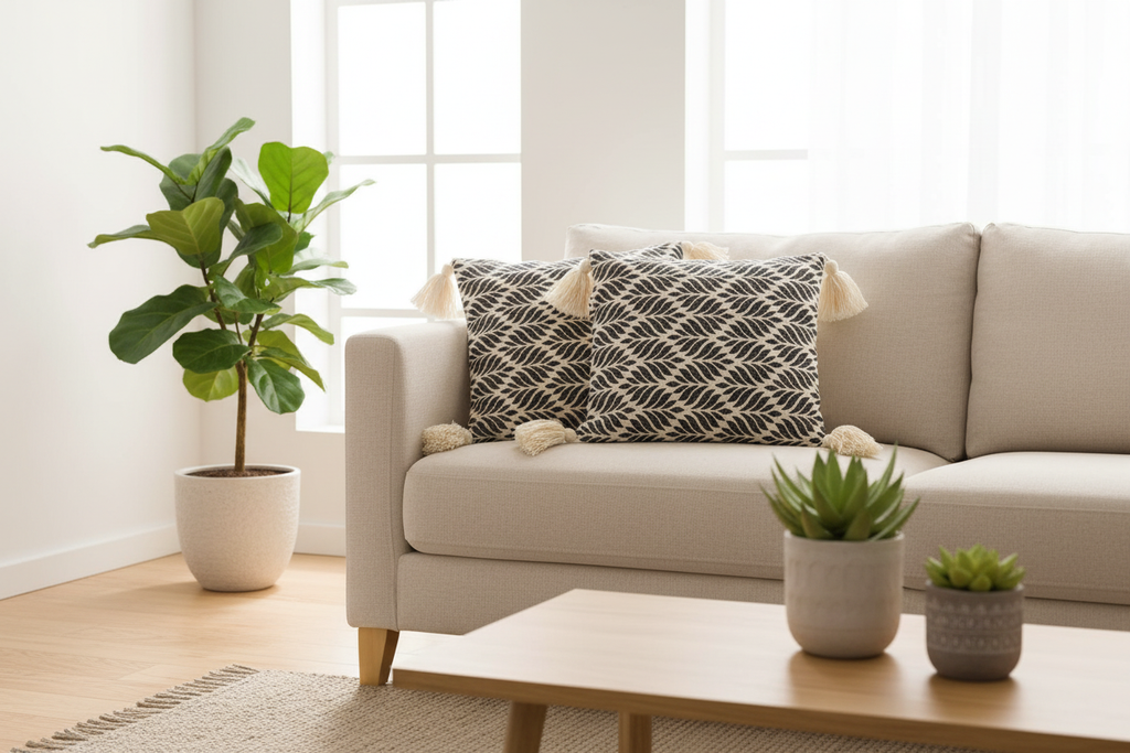 Two ivory black geometric square cushions styled on a Scandinavian linen sofa — living room