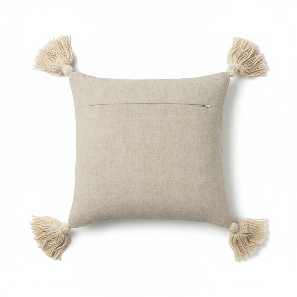 Back side of sand taupe ivory diamond medallion bobble weave cushion cover on white background