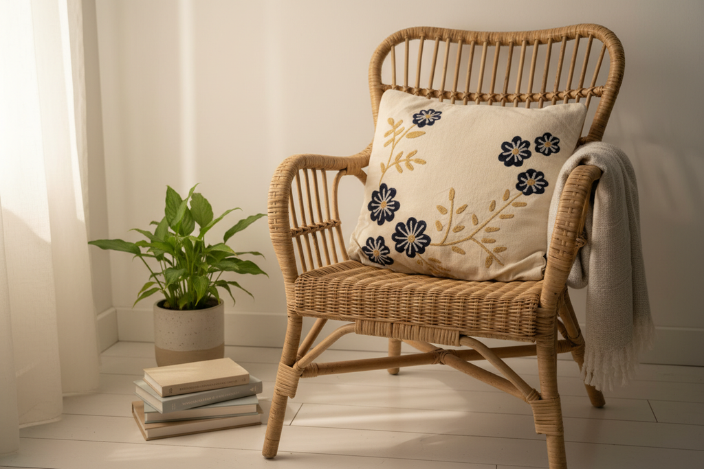 Navy daisy cushion cover in Scandinavian reading nook with rattan armchair