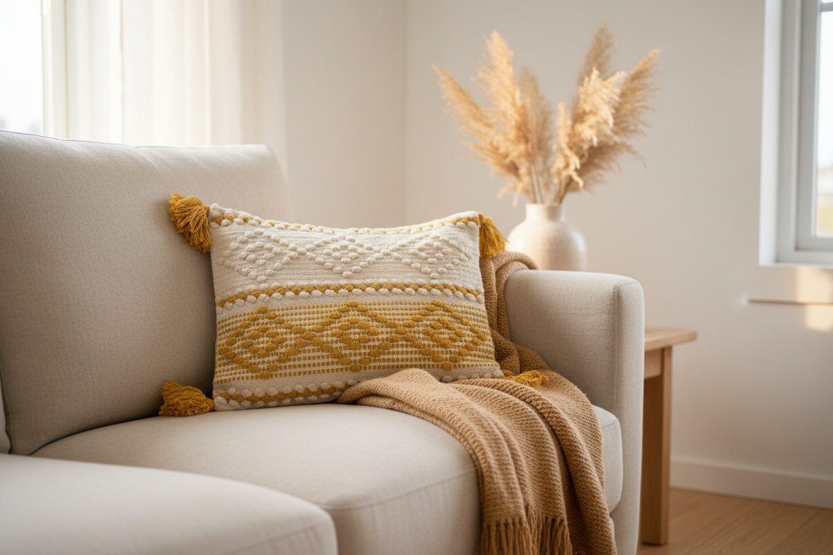 Bobble weave tassel cushion cover on Nordic linen sofa with pampas grass and camel throw