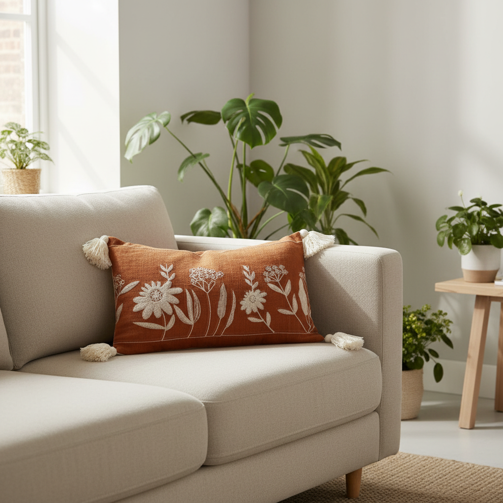 Terracotta lumbar cushion styled on a Scandinavian sofa