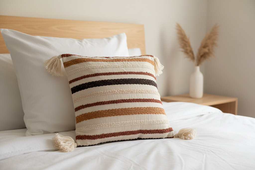 Handwoven stripe tassel cushion cover on white linen bed in Scandinavian bedroom