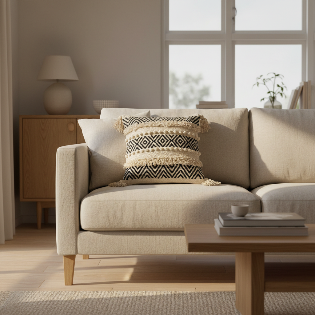 Ivory black geometric chevron cushion cover styled on a Scandinavian living room sofa