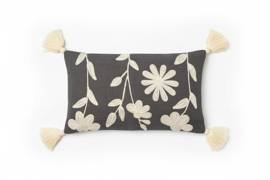 Charcoal floral appliqué lumbar cushion cover with corner tassels — flat lay