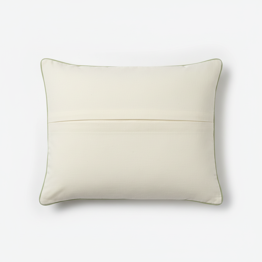 Back of sage green cushion cover on white background showing envelope closure detail