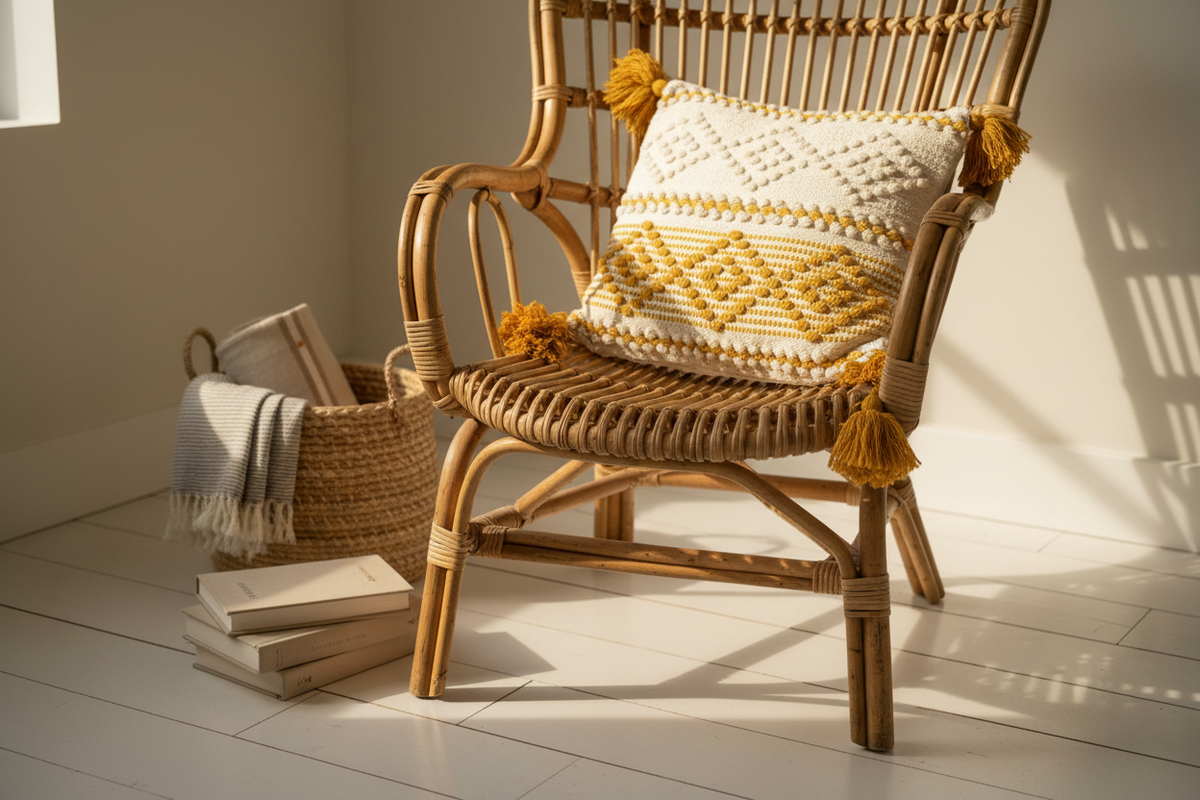 Bobble weave tassel cushion cover in Scandinavian reading nook with rattan armchair