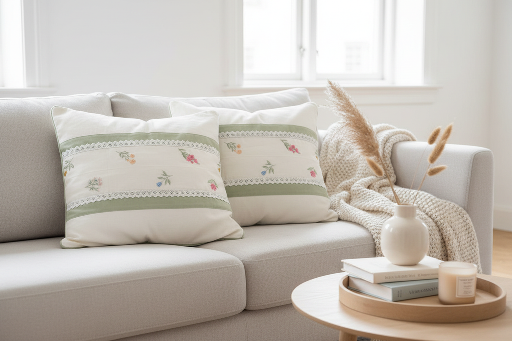 Two sage green cushion covers styled in Scandinavian living room with home decor