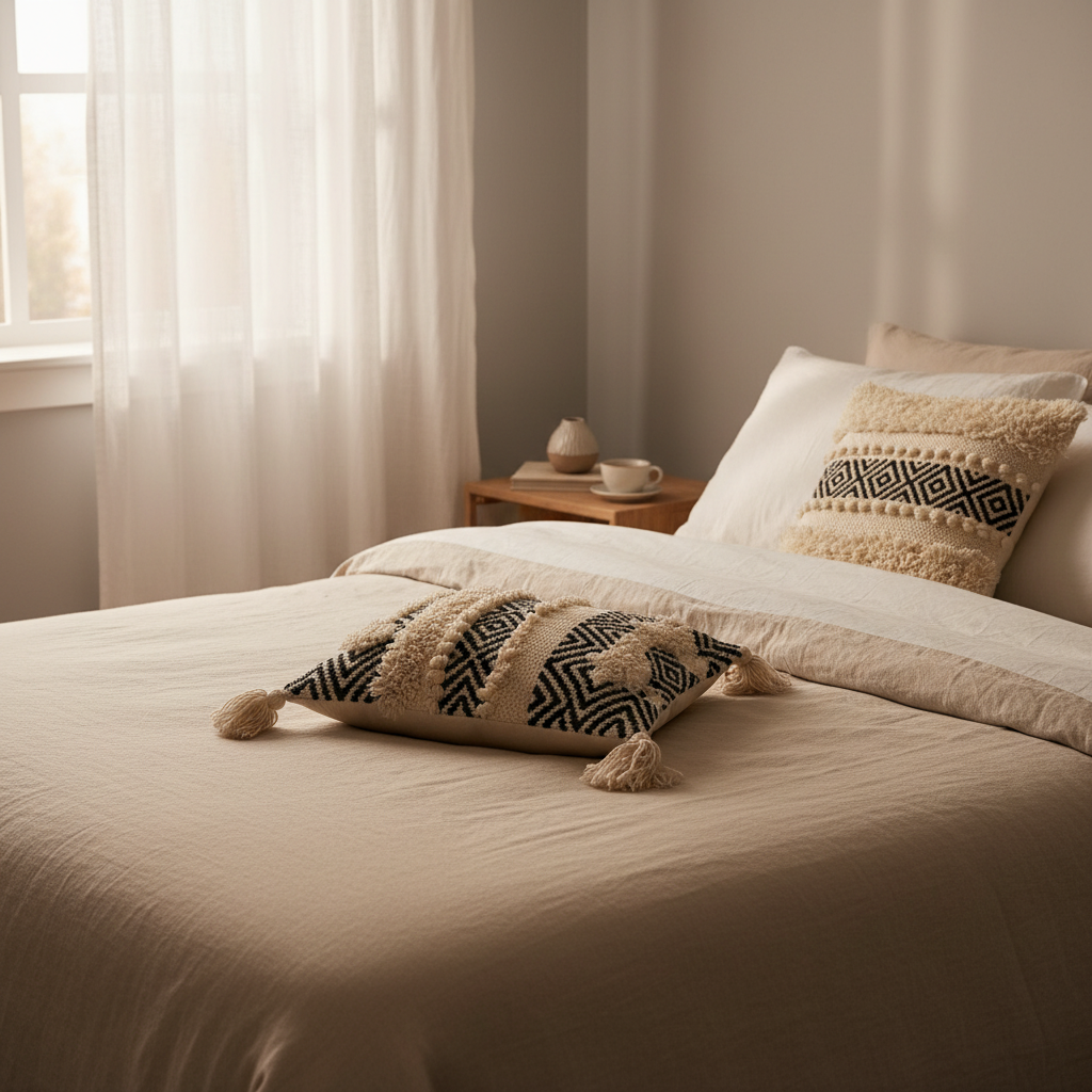 Ivory black geometric chevron cushion cover on a neutral linen bed in a serene bedroom