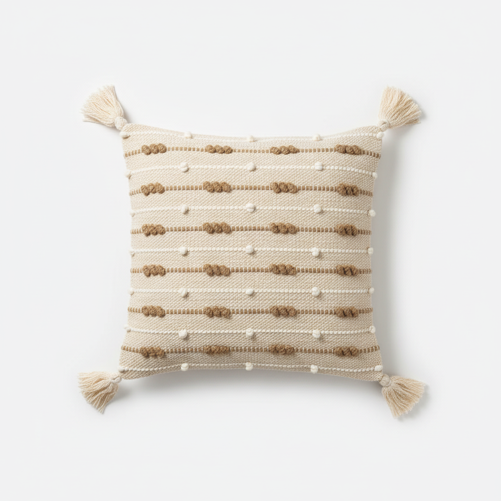 Handwoven bobble stripe natural cotton cushion cover with corner tassels — flat lay
