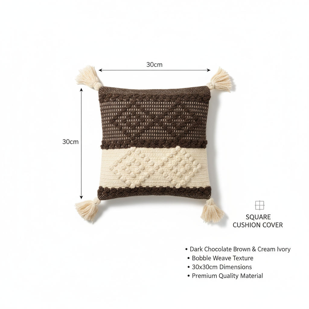 Dark chocolate and cream bobble weave cushion cover dimension infographic showing 30x30cm measurements