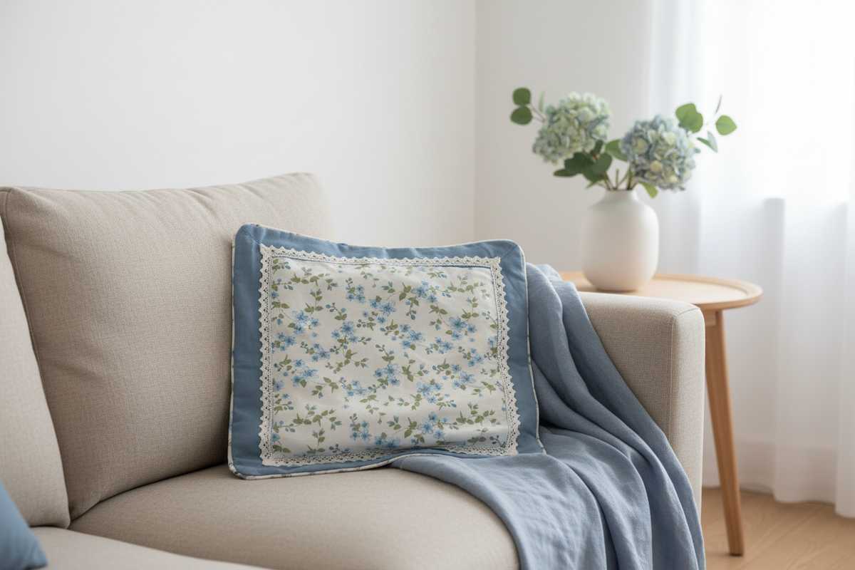 Blue floral cushion cover on Nordic linen sofa with blue hydrangeas and powder blue throw