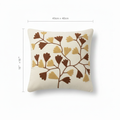 Ginkgo leaf embroidered cushion cover with corrected dimension overlay showing 40x40cm (16x16 inch)