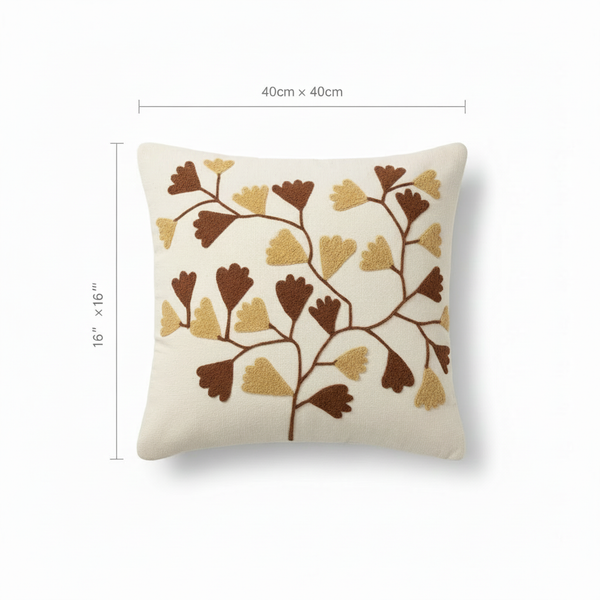 Ginkgo leaf embroidered cushion cover with corrected dimension overlay showing 40x40cm (16x16 inch)