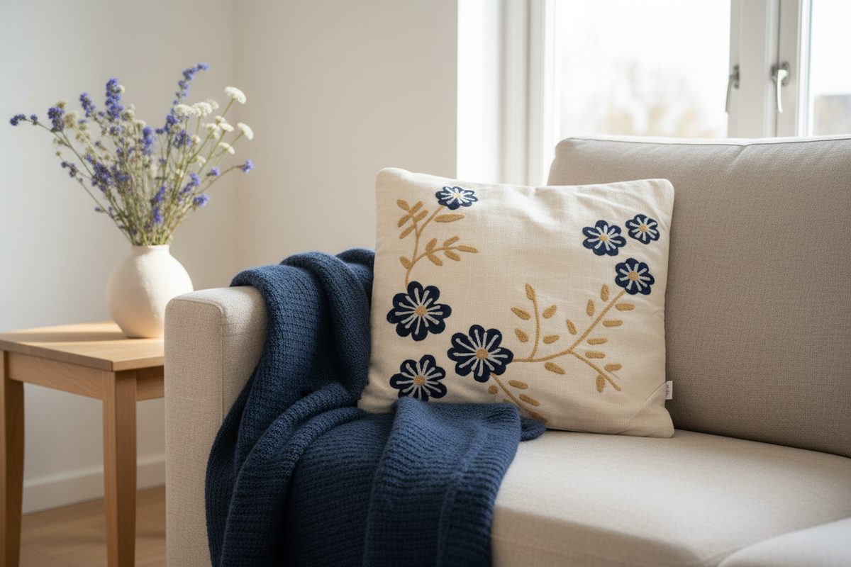 Navy daisy cushion cover on Nordic linen sofa with navy throw and wildflowers
