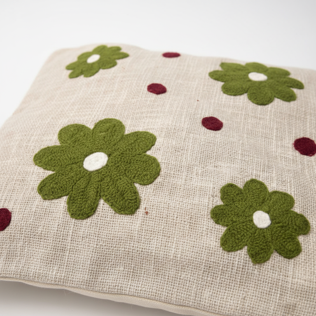 Close-up of olive green felt daisy appliqué with burgundy dot details